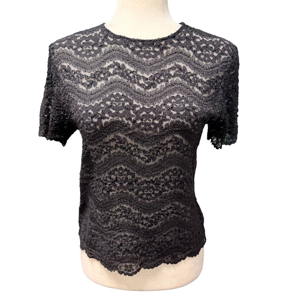 Vtg 90s Y2K Lace Floral Sheer Top S P Black‎ Coquette Whimsigoth Layering Indie